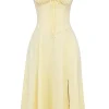 Buttery Yellow Corset-Style Midi Dress with Side Slit