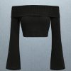Midnight Ribbed Off-the-Shoulder Bardot Crop Top with Flare Sleeves