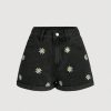 Retro Daisy-Embroidered High-Waisted Denim Shorts