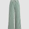 Women's Green & White Vertical Striped Wide-Leg Trousers – High-Waisted Drawstring Palazzo Pants