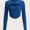Women's Royal Blue Mock Neck Cut-Out Top – Ribbed Long Sleeve Corset-Style Knit
