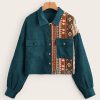 Boho Tribal Print Corduroy Jacket – Teal Blue Mixed-Media Button-Down Shacket