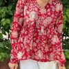 Bohemian Floral V-Neck Peplum Blouse – Long Sleeve Red Printed Babydoll Top