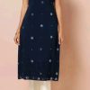 Elegant Navy Blue sleeveless Kurta – Mirror-Work Embellished Ethnic Straight Tunic