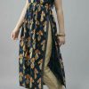 Navy Blue Ethnic Print Kurta – Sleeveless Side-Slit Longline Tunic