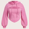 Pink Cut-Out Corset Hoodie – Hooded Lantern Sleeve Waffle Knit Top