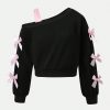 Off-the-Shoulder Bow Detail Cropped Sweatshirt – Midnight Black