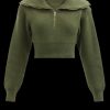 Women's Half-Zip Ribbed Crop Sweater – Olive Green Quarter-Zip Knit Pullover