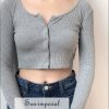 Sun-Imperial Ribbed Long Sleeve Button-Up Crop Top – Heather Gray
