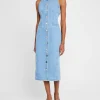 Button-Front Denim Midi Dress